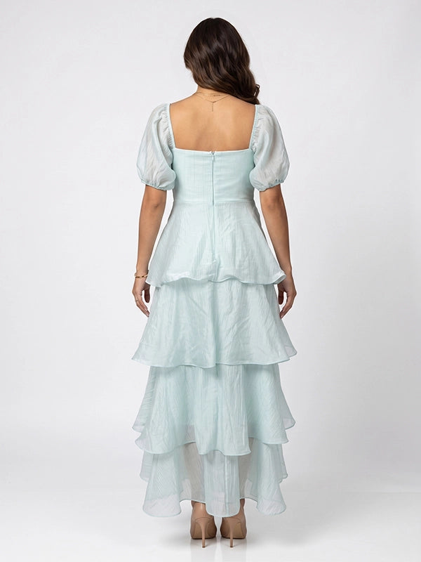 Light Blue Puff Sleeve Tiered Maternity Maxi Gown — "It's a Boy" Baby Shower Dress