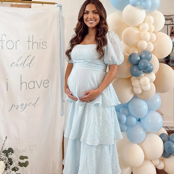 Light Blue Puff Sleeve Tiered Maternity Maxi Gown — "It's a Boy" Baby Shower Dress