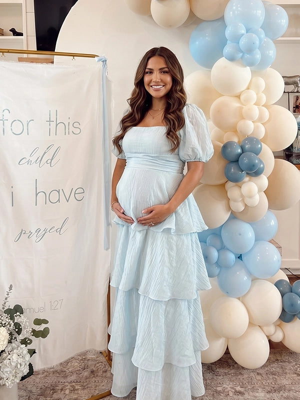 Light Blue Puff Sleeve Tiered Maternity Maxi Gown — "It's a Boy" Baby Shower Dress
