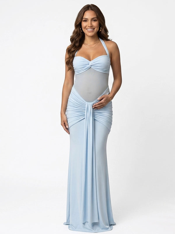 Light Blue Sheer Mesh Ruched Draped Halter Maternity Maxi Dress