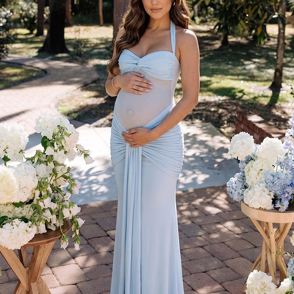 Light Blue Sheer Mesh Ruched Draped Halter Maternity Maxi Dress