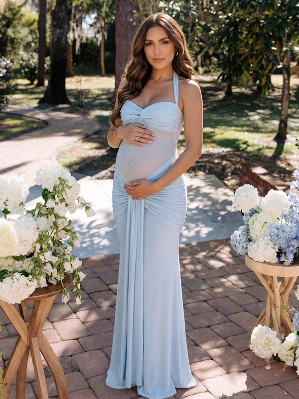 Light Blue Sheer Mesh Ruched Draped Halter Maternity Maxi Dress