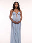 Light Blue Sheer Tulle Goddess Maternity Gown — Rhinestone Chain Halter Maxi Dress