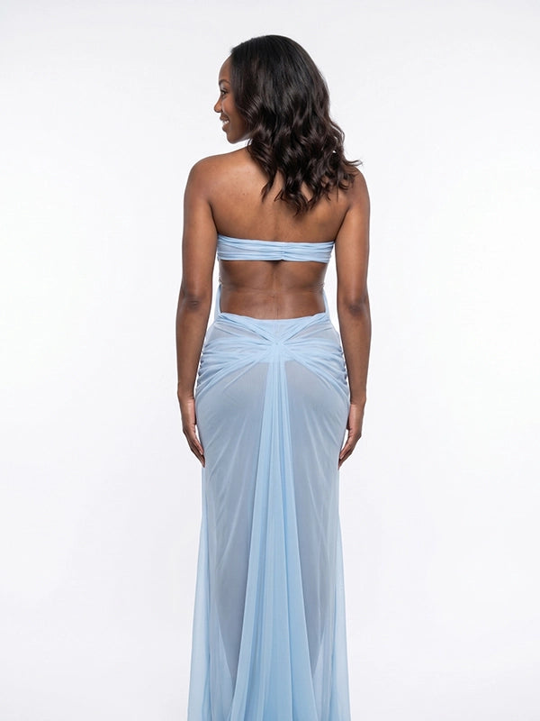 Light Blue Sheer Tulle Goddess Maternity Gown — Rhinestone Chain Halter Maxi Dress