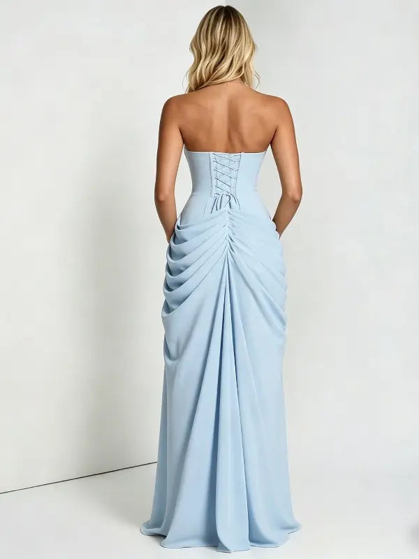 Light Blue Strapless Maternity Maxi Dress – Ruched Asymmetrical High Slit Gown with Adjustable Back Tie
