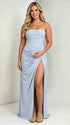 Light Blue Strapless Maternity Maxi Dress – Ruched Asymmetrical High Slit Gown with Adjustable Back Tie