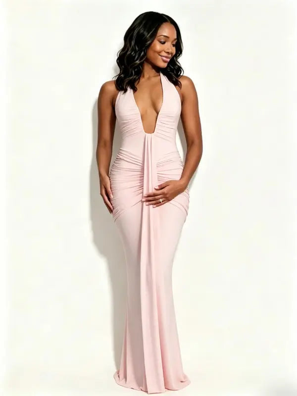light pink maternity maxi dress halter deep v backless knit bodycon stretch pregnancy dress photoshoot gown