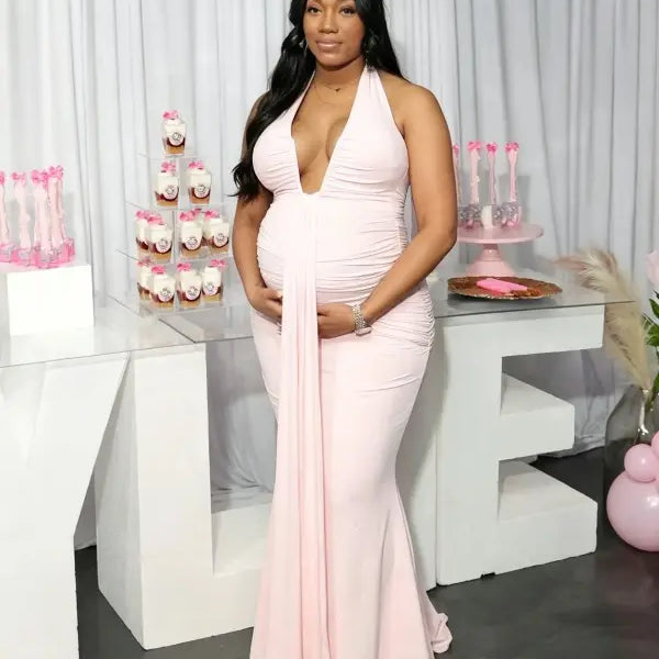 pink halter maternity dress knit bodycon backless deep v sleeveless elegant maternity photoshoot outfit