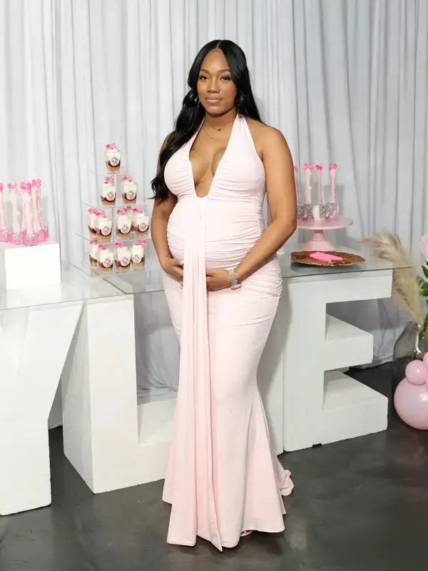pink halter maternity dress knit bodycon backless deep v sleeveless elegant maternity photoshoot outfit