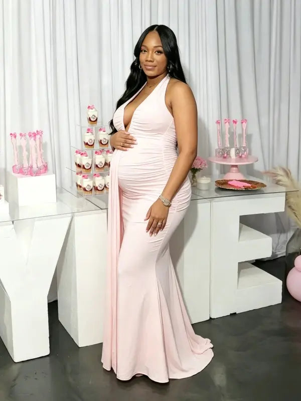 pink halter maternity dress knit bodycon backless deep v sleeveless elegant maternity photoshoot outfit