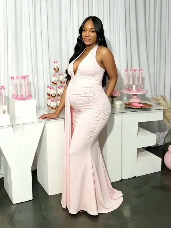 pink halter maternity dress knit bodycon backless deep v sleeveless elegant maternity photoshoot outfit