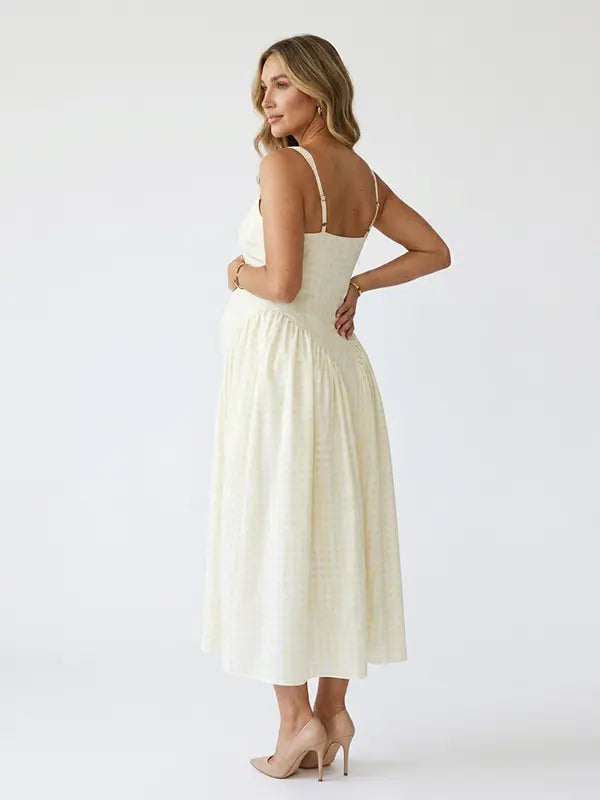 Light Yellow Gingham Maternity Midi Dress — Spaghetti Strap Pregnancy Gown