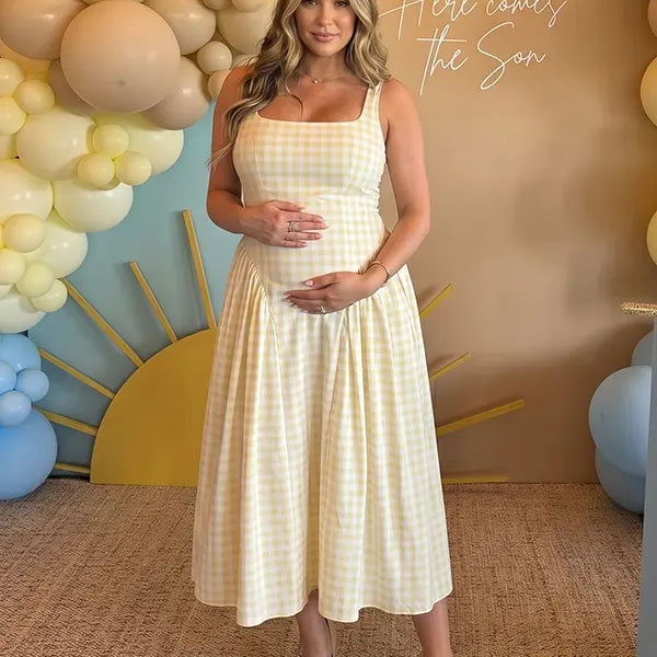 Light Yellow Gingham Maternity Midi Dress — Spaghetti Strap Pregnancy Gown