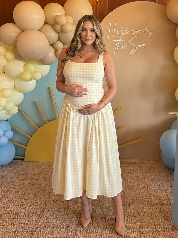 Light Yellow Gingham Maternity Midi Dress — Spaghetti Strap Pregnancy Gown