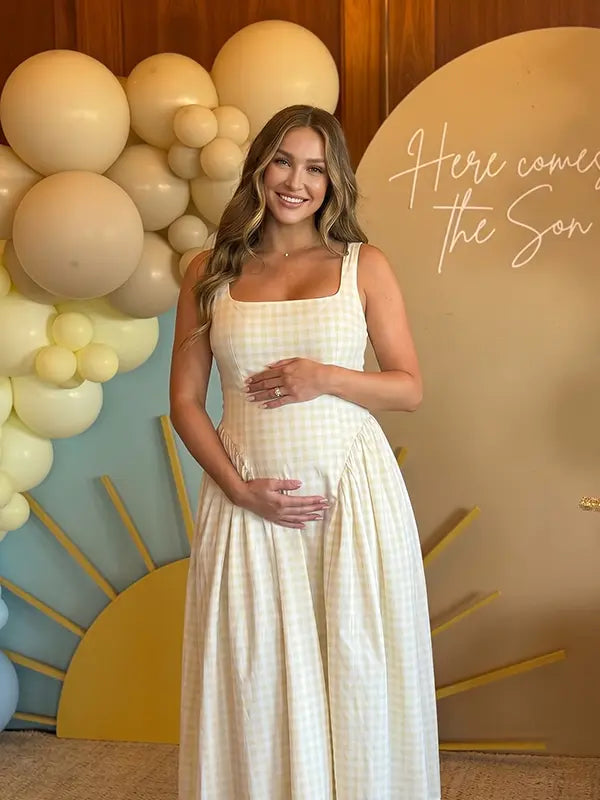 Light Yellow Gingham Maternity Midi Dress — Spaghetti Strap Pregnancy Gown