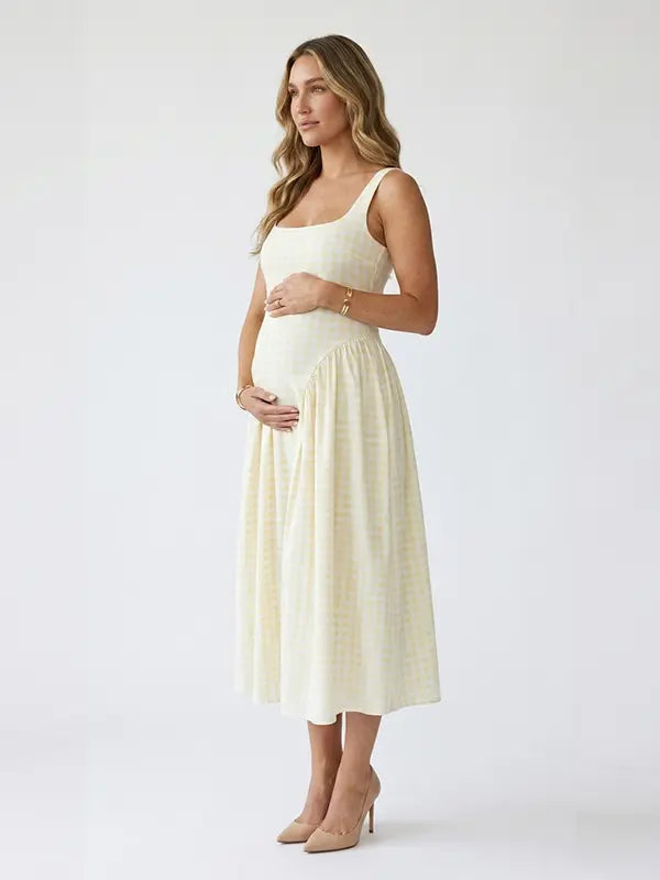 Light Yellow Gingham Maternity Midi Dress — Spaghetti Strap Pregnancy Gown