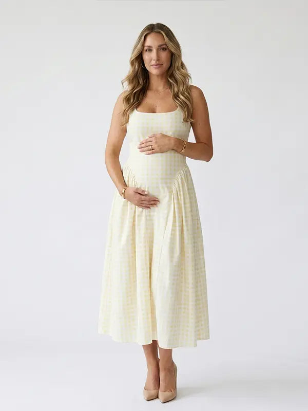 Light Yellow Gingham Maternity Midi Dress — Spaghetti Strap Pregnancy Gown