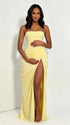 White Strapless Maternity Maxi Dress – Ruched Asymmetrical High Slit Gown with Adjustable Back Tie