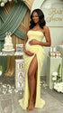 White Strapless Maternity Maxi Dress – Ruched Asymmetrical High Slit Gown with Adjustable Back Tie