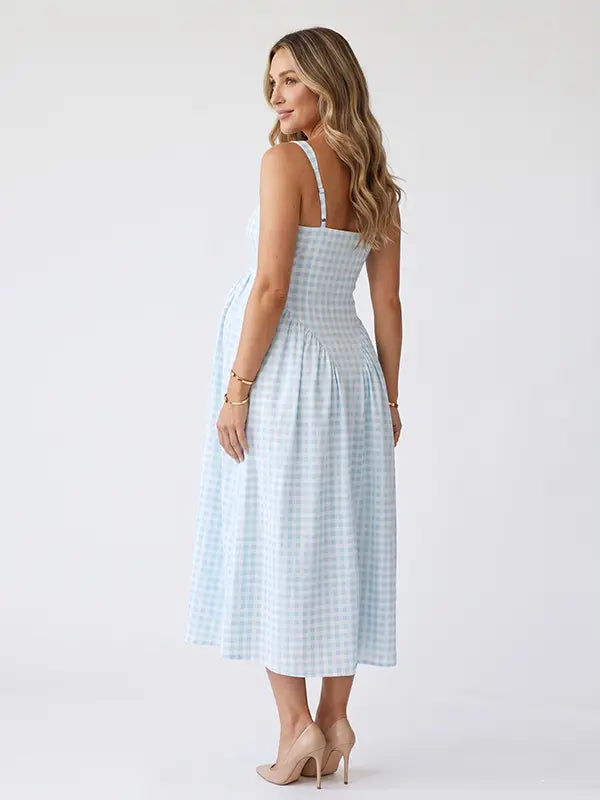 Light Blue Gingham Maternity Maxi Dress – Spaghetti Strap Adjustable Flowy Princess Dress for Photoshoot