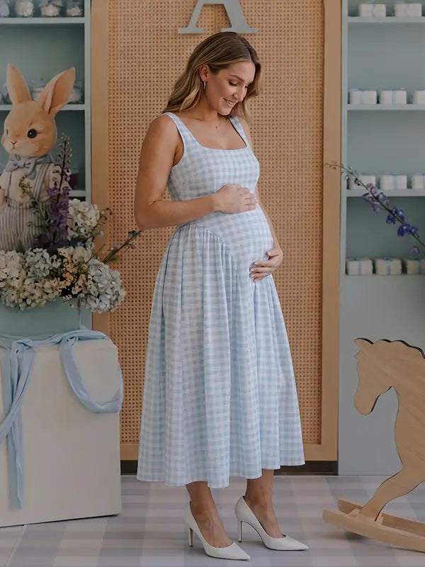 Light Blue Gingham Maternity Maxi Dress – Spaghetti Strap Adjustable Flowy Princess Dress for Photoshoot