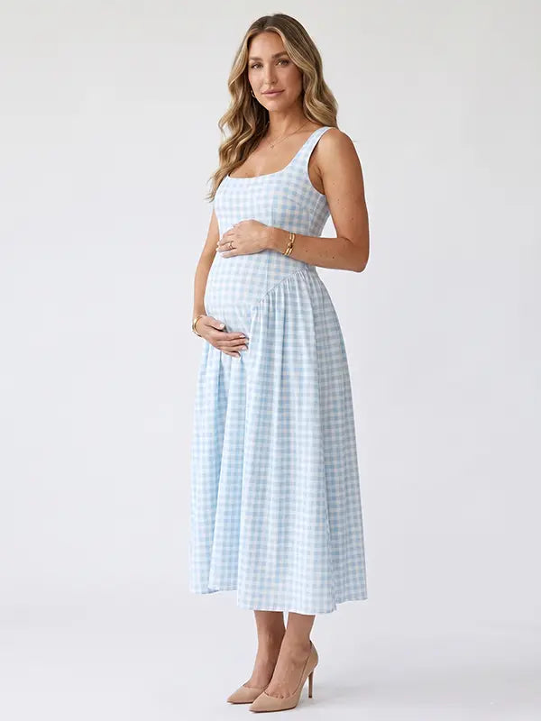 Light Blue Gingham Maternity Maxi Dress – Spaghetti Strap Adjustable Flowy Princess Dress for Photoshoot