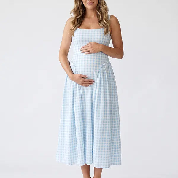 Light Blue Gingham Maternity Maxi Dress – Spaghetti Strap Adjustable Flowy Princess Dress for Photoshoot