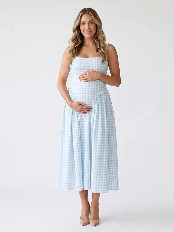 Light Blue Gingham Maternity Maxi Dress – Spaghetti Strap Adjustable Flowy Princess Dress for Photoshoot