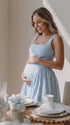 Light Blue Gingham Maternity Maxi Dress – Spaghetti Strap Adjustable Flowy Princess Dress for Photoshoot