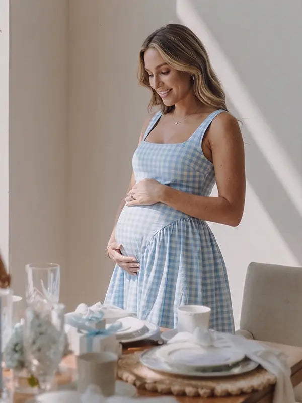 Light Blue Gingham Maternity Maxi Dress – Spaghetti Strap Adjustable Flowy Princess Dress for Photoshoot