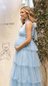 Sky Blue Halter Maternity Tulle Maxi Dress – Tiered Ruffle Gown, Adjustable Tie Photoshoot Dress