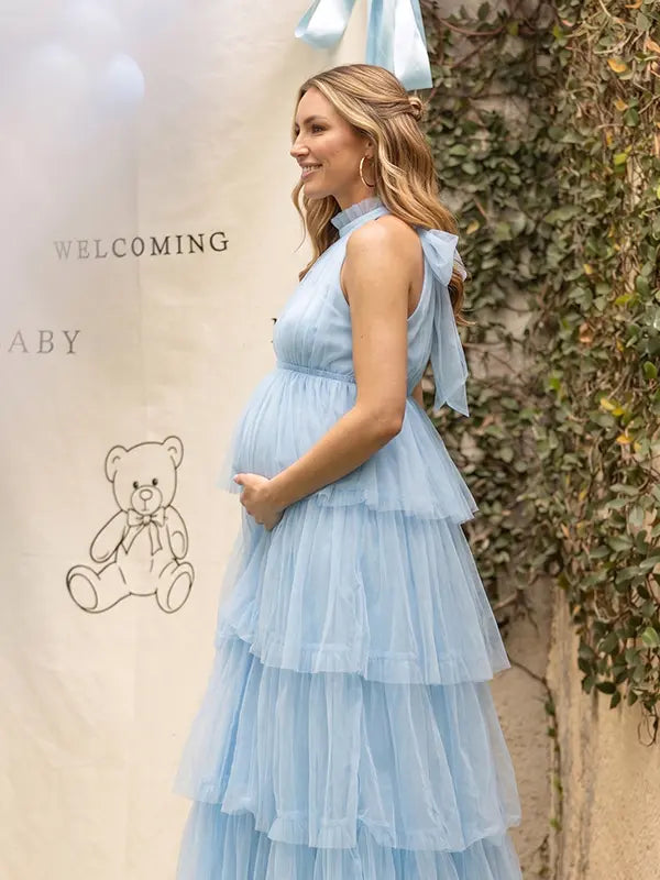 Sky Blue Halter Maternity Tulle Maxi Dress – Tiered Ruffle Gown, Adjustable Tie Photoshoot Dress