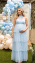 Sky Blue Halter Maternity Tulle Maxi Dress – Tiered Ruffle Gown, Adjustable Tie Photoshoot Dress