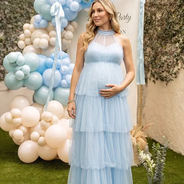 Sky Blue Halter Maternity Tulle Maxi Dress – Tiered Ruffle Gown, Adjustable Tie Photoshoot Dress