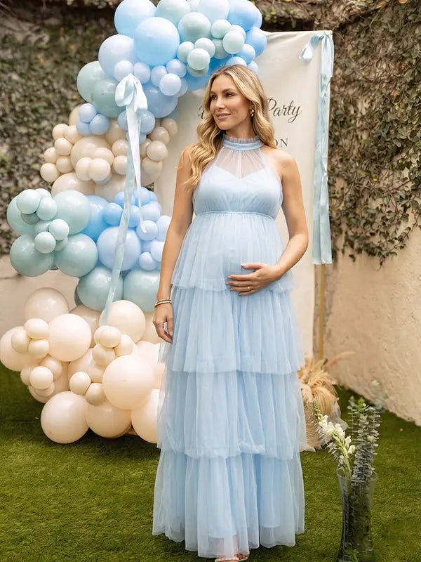 Sky Blue Halter Maternity Tulle Maxi Dress – Tiered Ruffle Gown, Adjustable Tie Photoshoot Dress