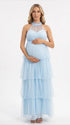 Sky Blue Halter Maternity Tulle Maxi Dress – Tiered Ruffle Gown, Adjustable Tie Photoshoot Dress