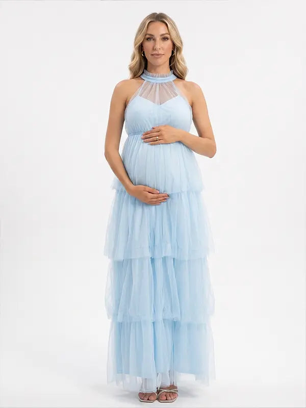 Sky Blue Halter Maternity Tulle Maxi Dress – Tiered Ruffle Gown, Adjustable Tie Photoshoot Dress