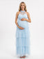 Sky Blue Halter Maternity Tulle Maxi Dress– Tiered Ruffle Pregnancy Gown