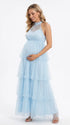 Sky Blue Halter Maternity Tulle Maxi Dress – Tiered Ruffle Gown, Adjustable Tie Photoshoot Dress