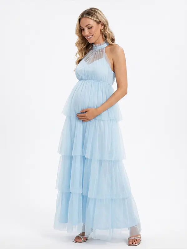 Sky Blue Halter Maternity Tulle Maxi Dress – Tiered Ruffle Gown, Adjustable Tie Photoshoot Dress