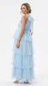 Sky Blue Halter Maternity Tulle Maxi Dress – Tiered Ruffle Gown, Adjustable Tie Photoshoot Dress
