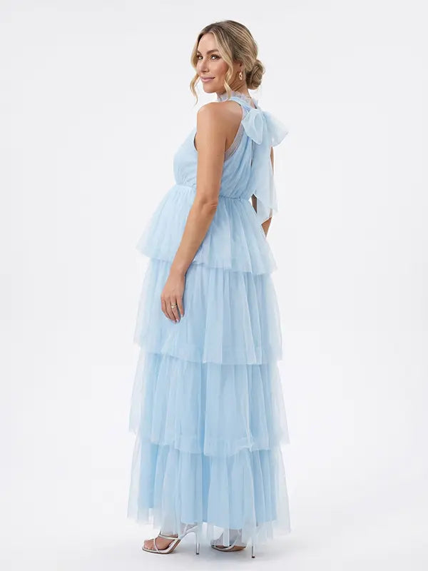 Sky Blue Halter Maternity Tulle Maxi Dress – Tiered Ruffle Gown, Adjustable Tie Photoshoot Dress