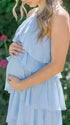 Details -Lighy blue maternity dress with halter neck and ruffle layer for baby shower, maternity photoshoot and gender reveal party.