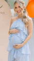 Lighy blue maternity dress with halter neck and ruffle layer for baby shower, maternity photoshoot and gender reveal party.