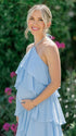 Lighy blue maternity dress with halter neck and ruffle layer for baby shower, maternity photoshoot and gender reveal party.
