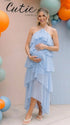 Lighy blue maternity dress with halter neck and ruffle layer for baby shower, maternity photoshoot and gender reveal party.