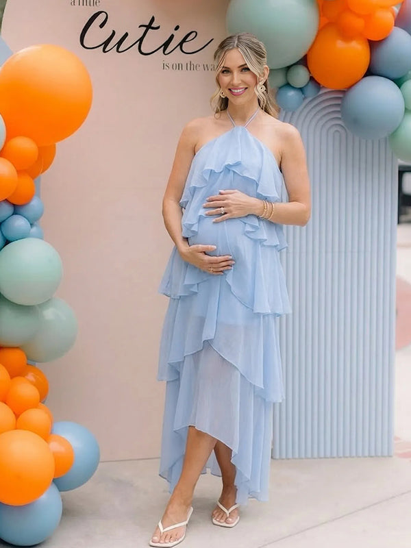 Lighy blue maternity dress with halter neck and ruffle layer for baby shower, maternity photoshoot and gender reveal party.