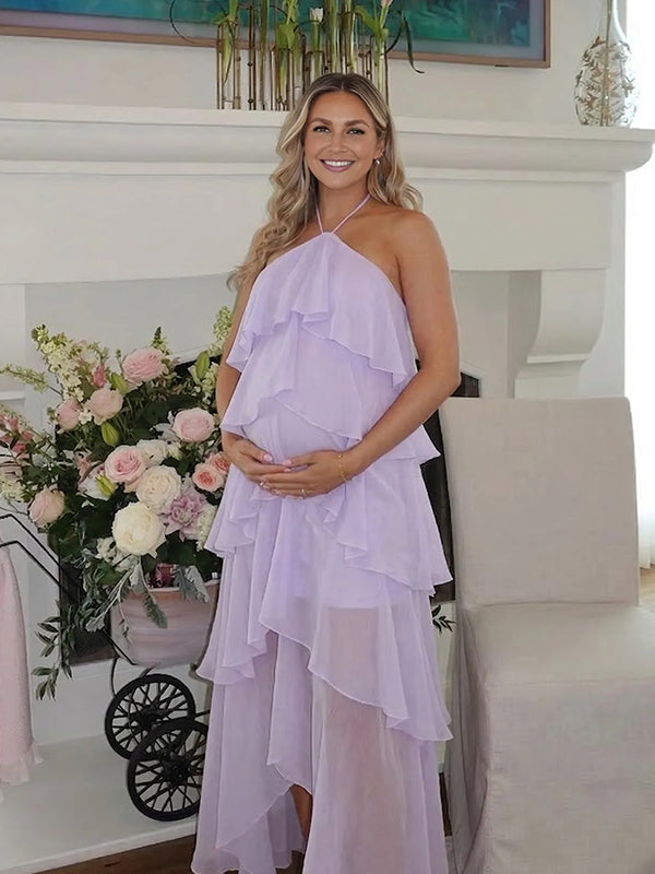 Solid Color Layered Ruffle High-Low Maternity Maxi Dress