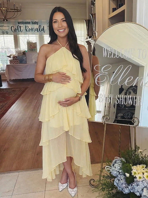 Solid Color Layered Ruffle High-Low Maternity Maxi Dress