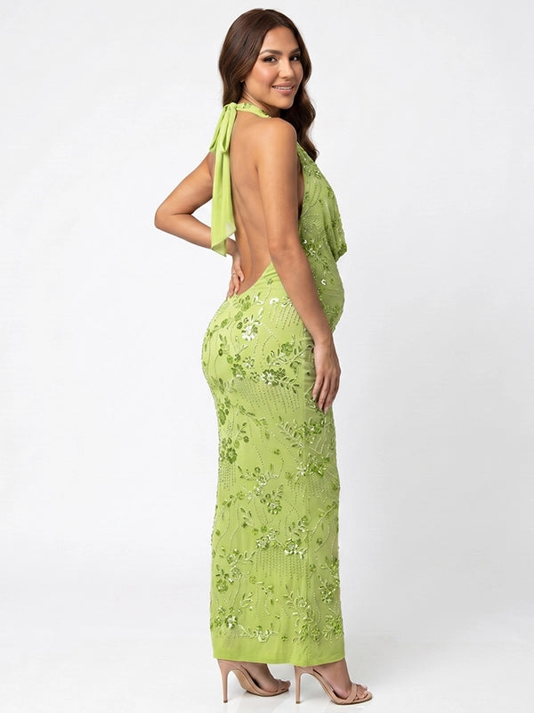 Lime Green Sequin Floral Plunging Halter Maternity Maxi Gown